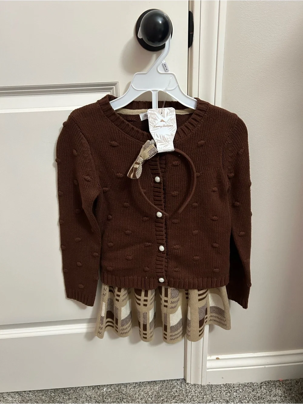 NWT Tommy Bahama Girls Brown Cardigan & Plaid Skirt 2-Piece Set Size Small Fall